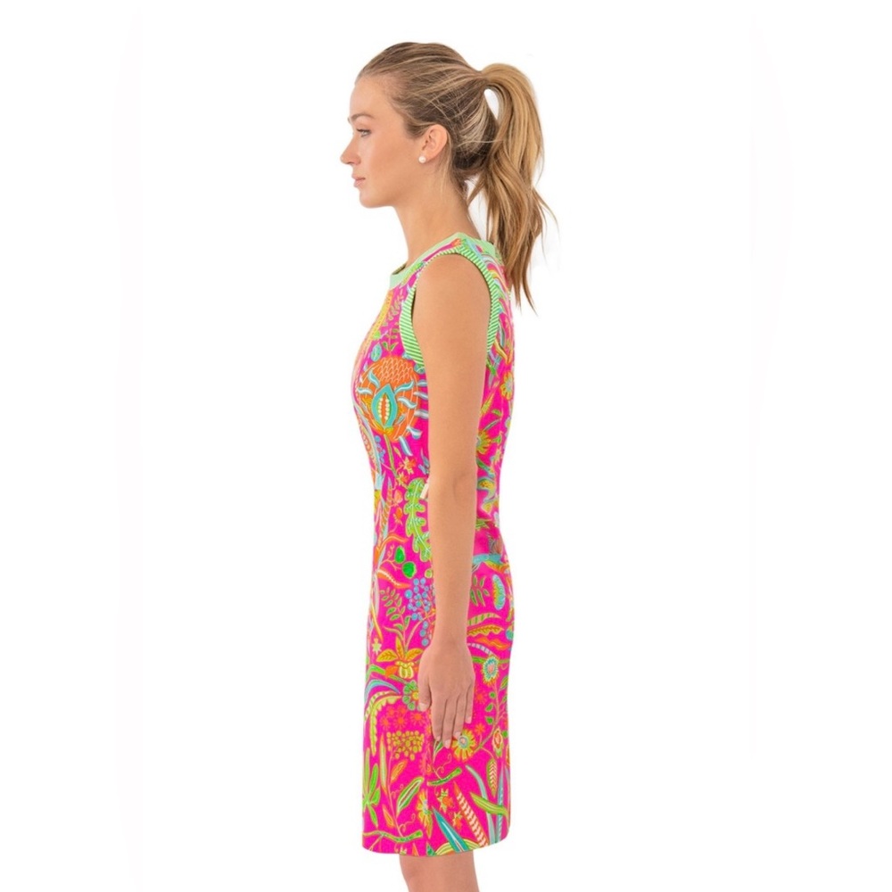 Gretchen Scott Button Back Dress Bright Pink Hummingbird Heaven Floral Preppy - Picture 3 of 11